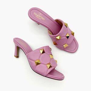 VALENTINO Roman Rockstud Pink Gold Heel Mule Size 37.5 Open Toe Quilted Leather
